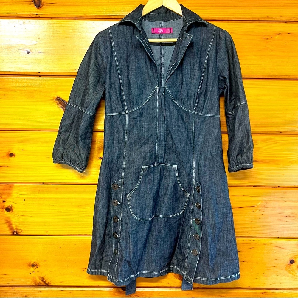 Denim collared Zip Up 3/4 Sleeve Front Pocket Tie Back Dress with Pockets L